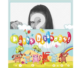 cartão colorido cheio animais e balões desejar feliz aniversario coloque sua foto na