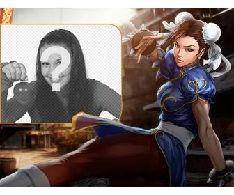 colagem com chun-li street fighter chutando ao olhar atentamente