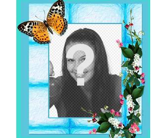 quadro sua foto com flores e borboleta em um fundo azul
