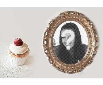 colagem uma moldura dourada foto com um cupcake