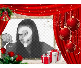 quadro on-line com uma cortina vermelha e decoracões natal