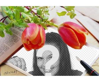quadro cercado fotos tulipas vermelhas na qual voce pode colocar sua foto em uma tela simulando um caderno com uma caneta daub