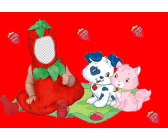 traje virtual criancas um morango com um fundo vermelho e filhotes
