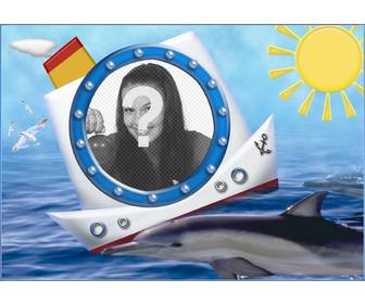 photo frame golfinho barco eo mar colocar suas fotos ferias