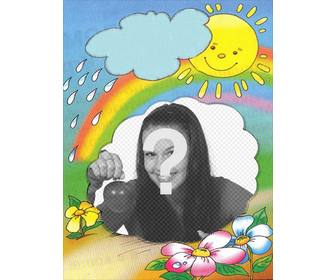 moldura com o sol no fundo emergindo uma nuvem e arco-iris onde voce pode colocar sua foto