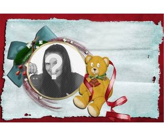 cartão natal com ursinho e laco com moldura redonda em voce pode colocar sua foto