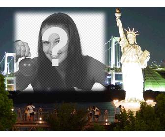photomontage fazer um cartão personalizado sua foto com new rk noite o fundo perto da estatua da liberdade