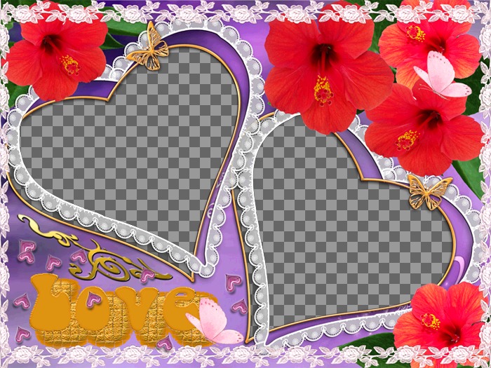 Conjunto de duas molduras, em forma de coração, flores e borboletas aparecem. Ideal para representar o amor de um parceiro. Violeta de..