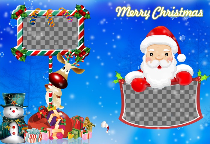 O Rudolf emblemático e Papai Noel tem duas molduras incluídas neste pós Natal dobrável saudação azul. Também aparece saco de guloseimas do Papai Noel e temas de Natal e..