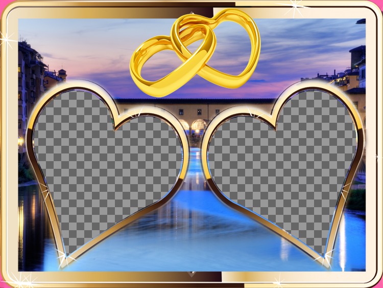 Composição com duas de ouro-moldado, em forma de coração para duas fotos e um por do sol em meio urbano. ver dois anéis de ouro em anexo em formato de..