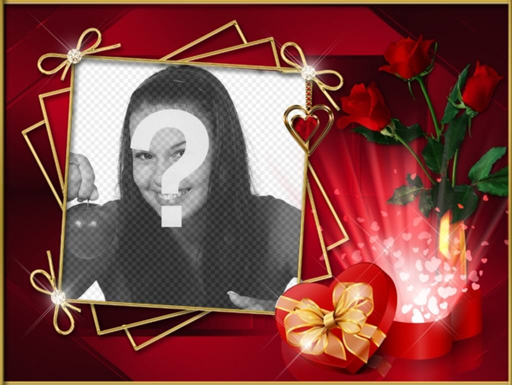 Moldura com fundo vermelho elegante com rosas e diamantes. Para colocar sua..