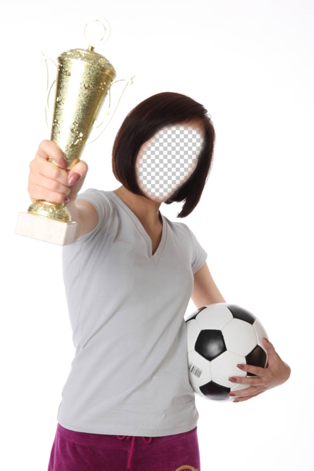 Fotomontagem com um jogador de futebol menina segurando um troféu e uma bola de futebol ..