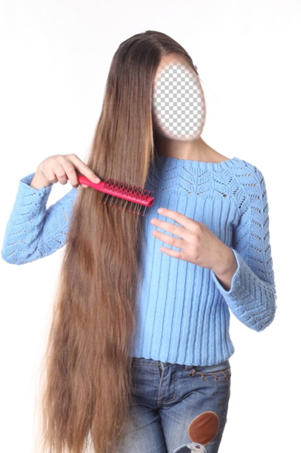 Fotomontagem de uma menina com cabelos extra longo para personalizar com seu ..