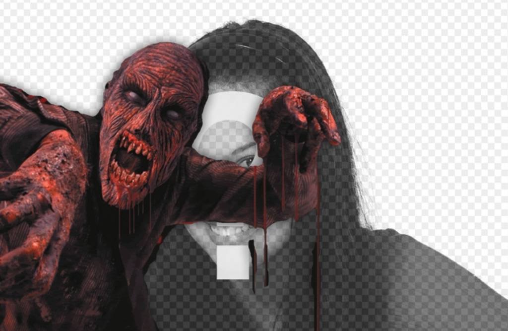 Fotomontagem para colocar um zumbi sangrento vermelho em uma foto e adicione o texto..