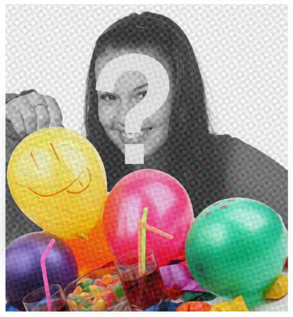 Cartão de aniversário com filtro de banda desenhada e alguns balões para colocar a imagem no fundo e felicitar..