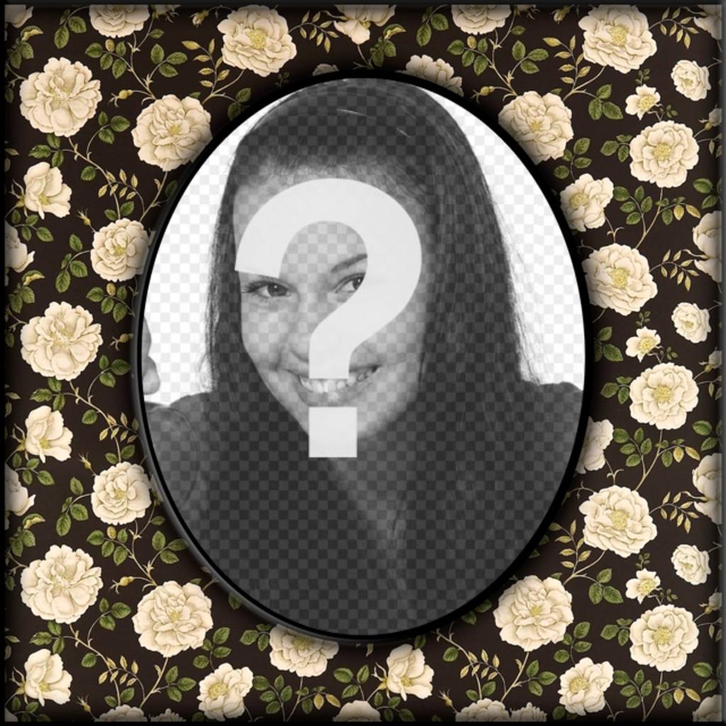 Photo Frame oval do vintage com as flores em bege na parede negra, onde você pode fazer upload de uma foto..