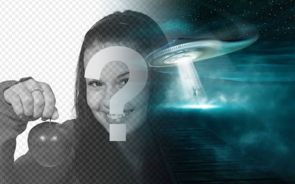 Criar uma fotomontagem com uma abdução alienígena no fundo, onde um UFO leva uma pessoa à noite em um..