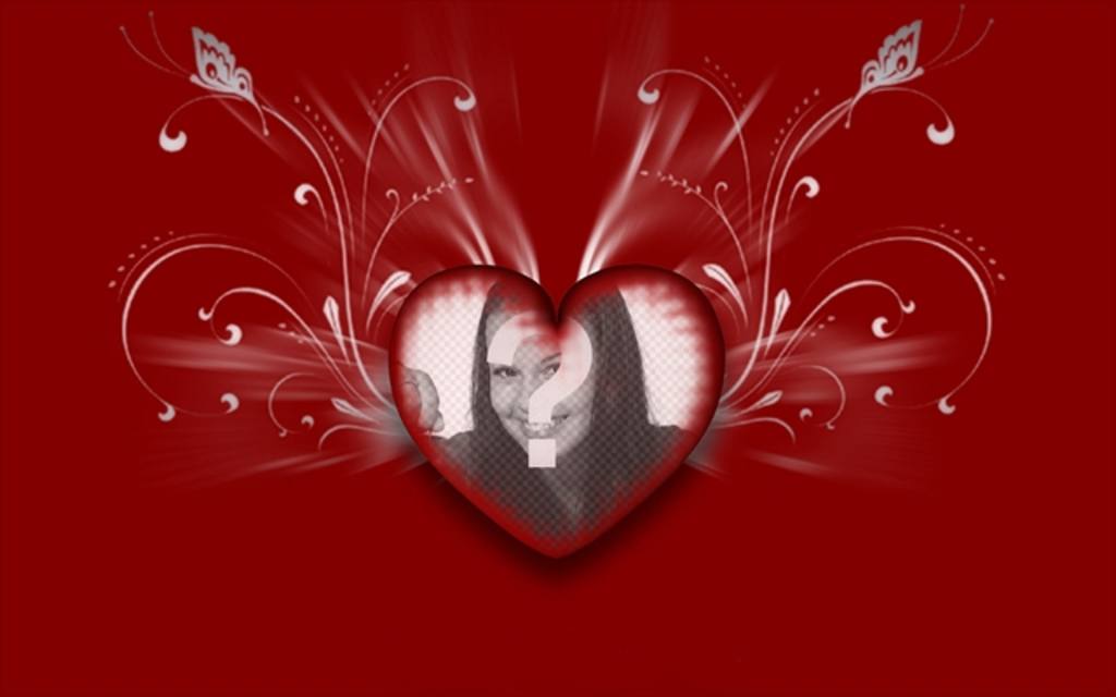 Fotomontagem de amor com fundo vermelho paixão e um coração no centro, onde você pode colocar sua foto com raios de luzes e linhas..