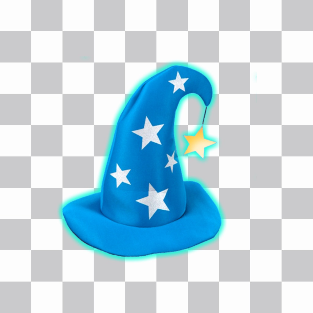 Etiqueta com um chapéu de mago azul com estrelas de prata. ..