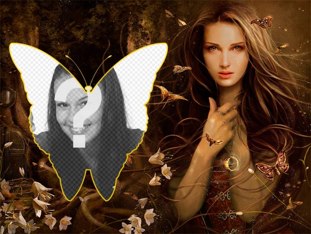 Colagem romântica cheia de borboletas e sinos, com uma garota da floresta. ..