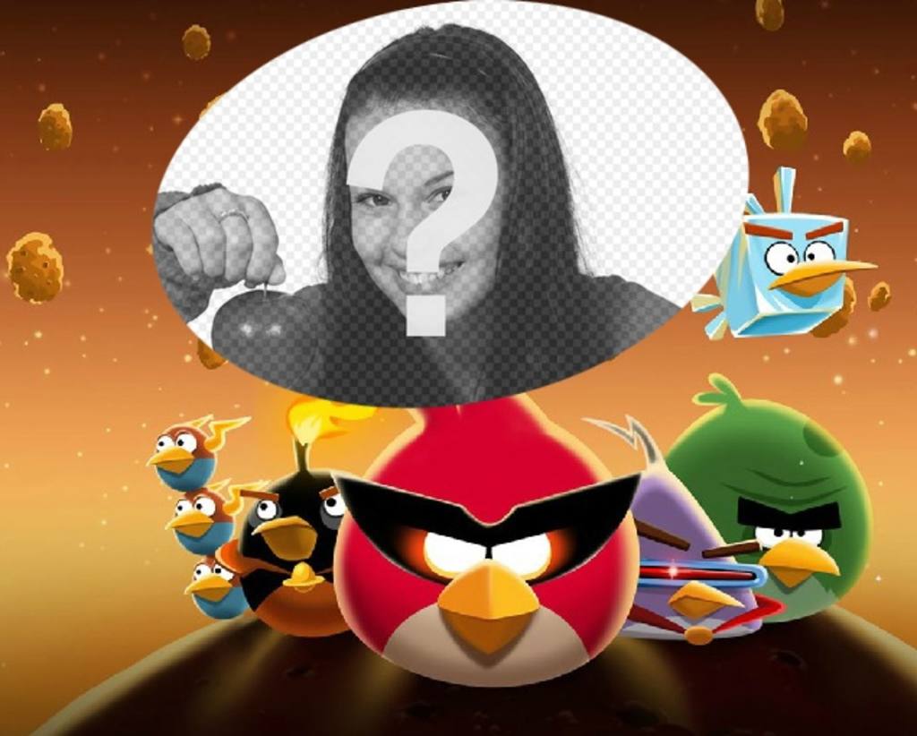 Colagem sobre Angry Birds no espaço com os pássaros famosos vestidos! Xxx Coloque sua foto favorita facilmente e de graça nesta ilustração do Espaço Angry..