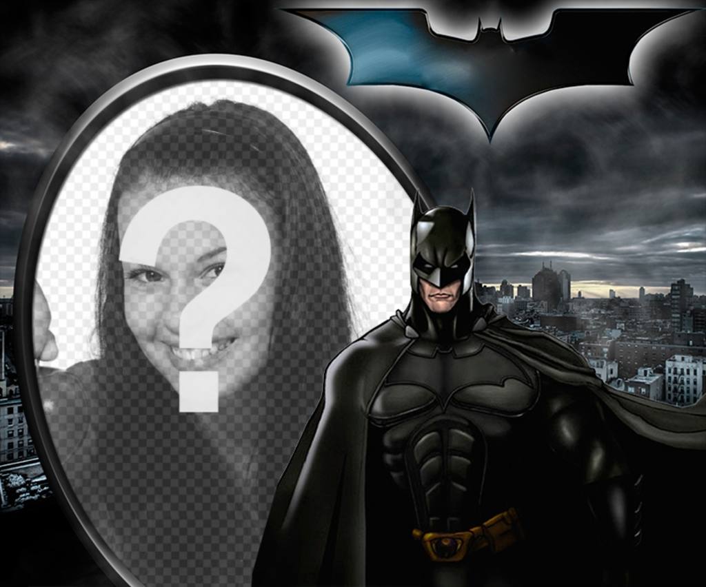 Colagem ilutstrado Batman, o Cavaleiro das Trevas, em silhueta contra Gotham. ..
