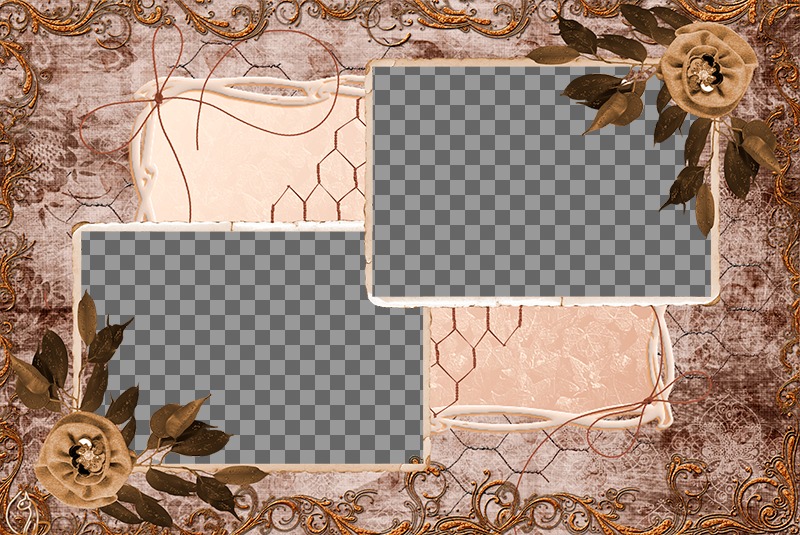 Colagem de duas imagens com uma composição do vintage de folhas, flores e decorações ocre. ..