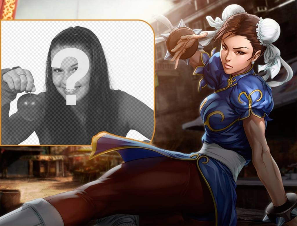 Colagem com Chun-li de Street Fighter chutando ao olhar atentamente. ..