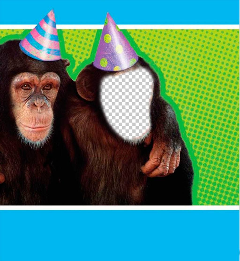 Fotomontagem com um macaco vestido com chapéu de festa. ..