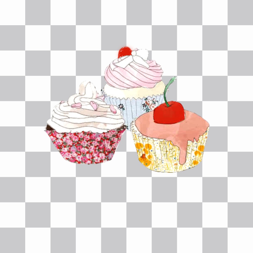 Etiqueta com um desenho de três cupcakes de ..