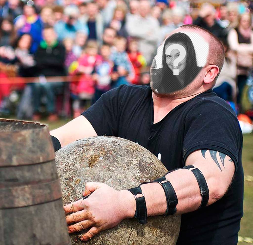 Montagem da foto de um homem Basco forte levando a fazer levantamento de pedra. ..