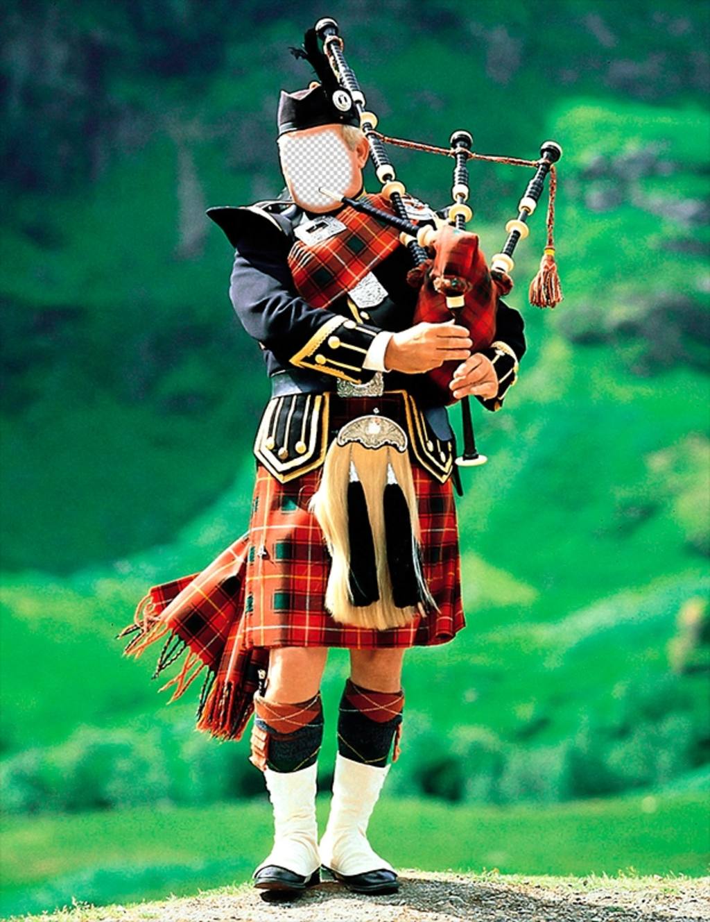 Fotomontagem com um gaiteiro típico escocês para adicionar o seu rosto ..