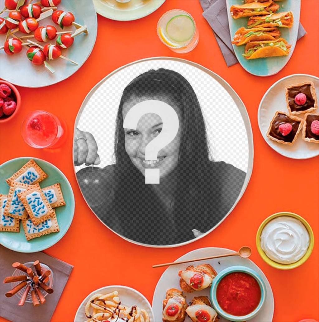 Coloque sua foto em uma refeição cercada por mais pratos com alimentos. ..