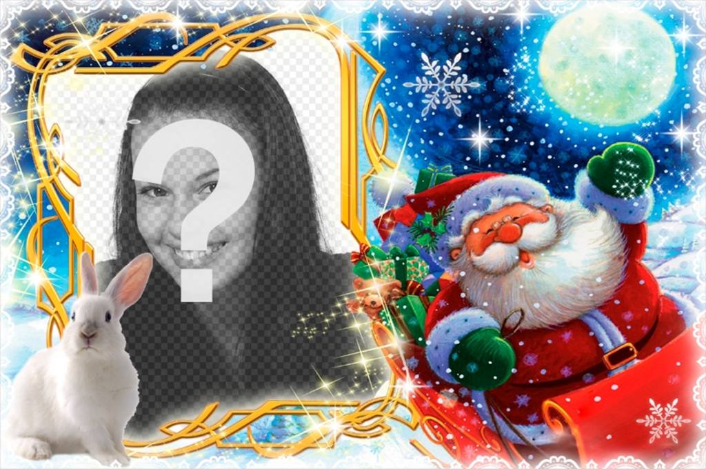 Moldura para foto com Papai Noel e seu trenó para personalizar com sua foto. ..