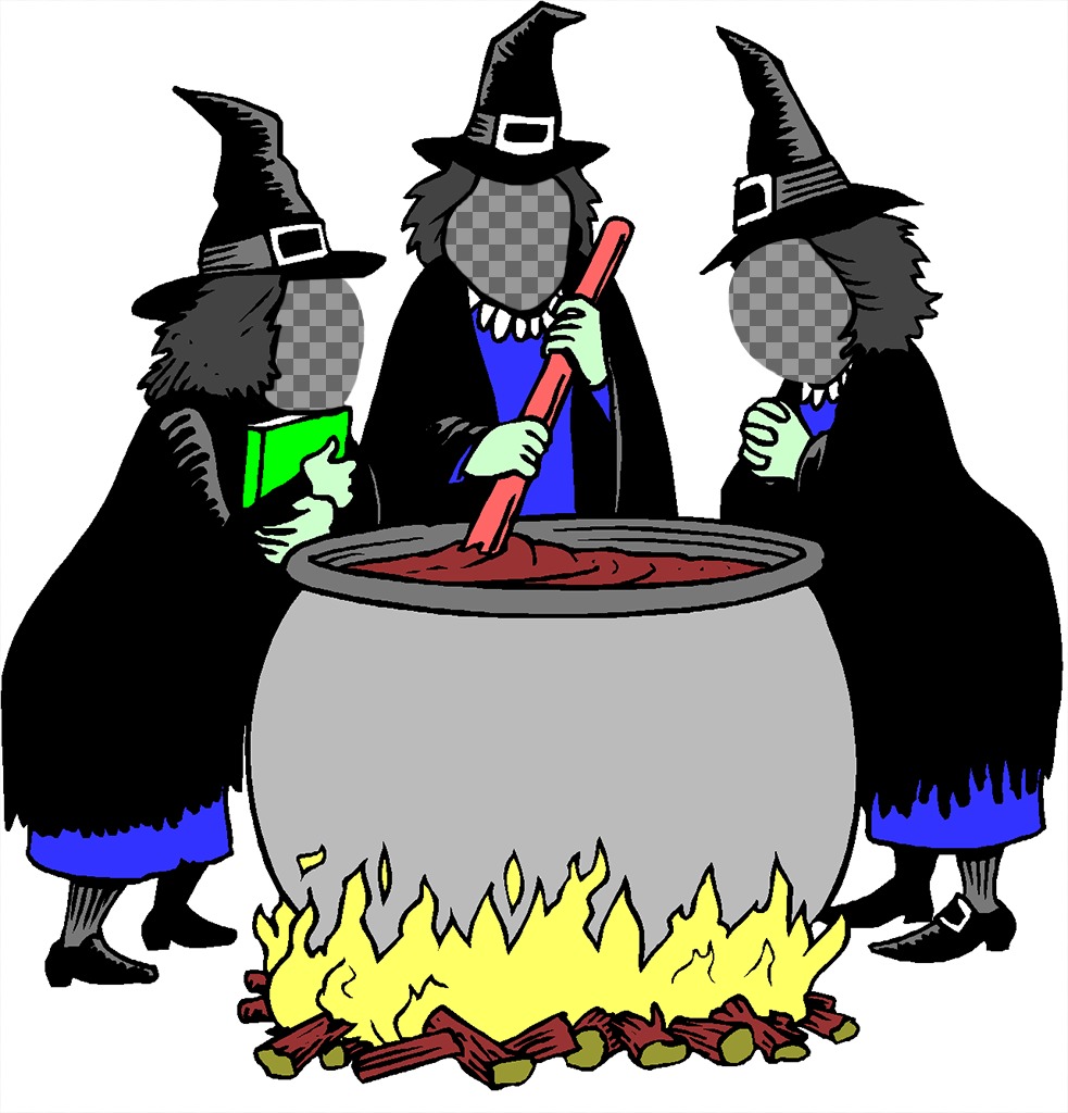 Colagem de fotos para o Halloween com três bruxas com um caldeirão de colocar três fotos. ..