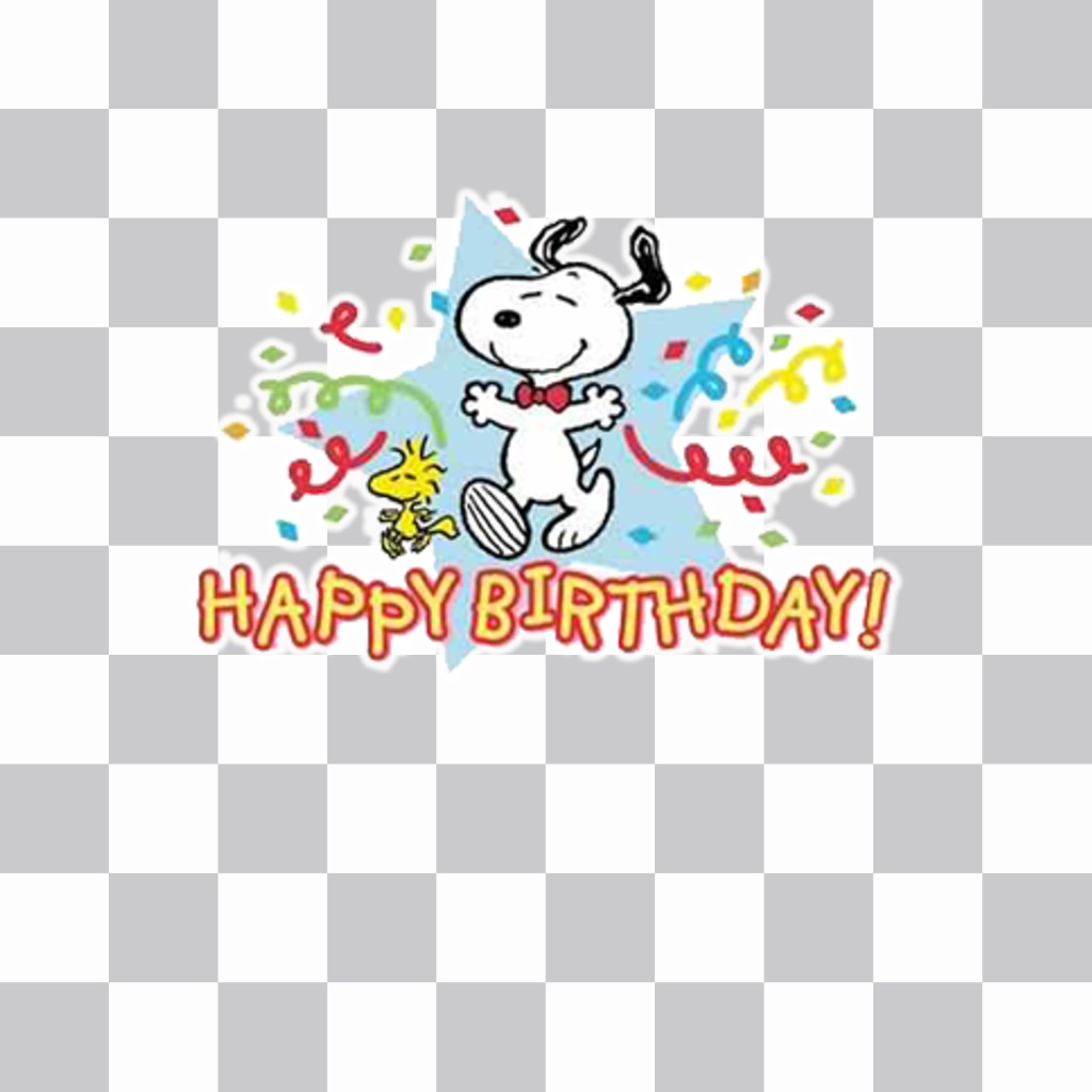 Etiqueta com Snoopy eo texto Happy Birthday para comemorar com as suas fotos ..