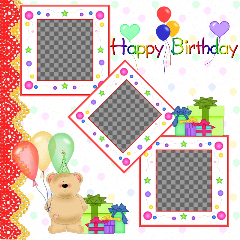 Cartão postal / cartão de aniversário para 3 fotos com balões e presentes ursinho de..